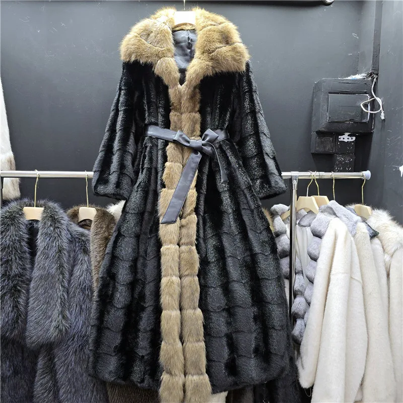 Clothland Women Elegant Fur Long Coat Sashes Long Sleeve Patchwork Female Chic Winter Long Jacket Mujer CB422