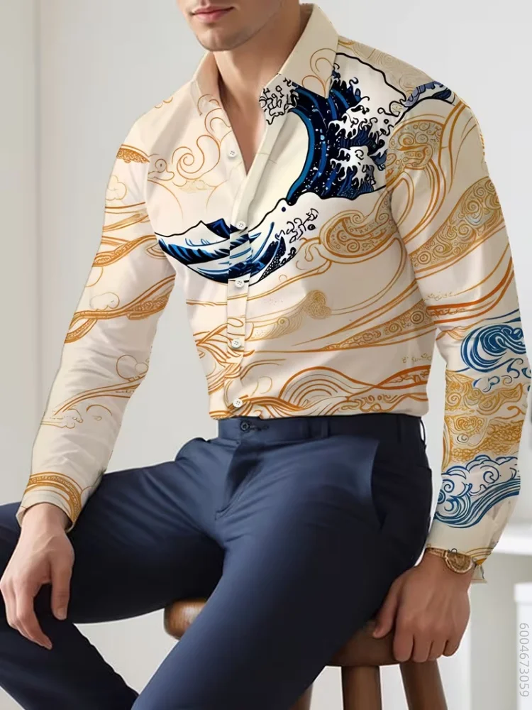 Men Long Sleeve Shirt Japanese Wave Ocean Print Turn Down Collar Button Up Autumn Winter Daily Casual Tops Men's Clothing