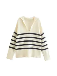 Women Fashion Striped Loose Knitted Sweater Vintage Long Sleeves Winter Autumn Female Pullovers Chic Tops