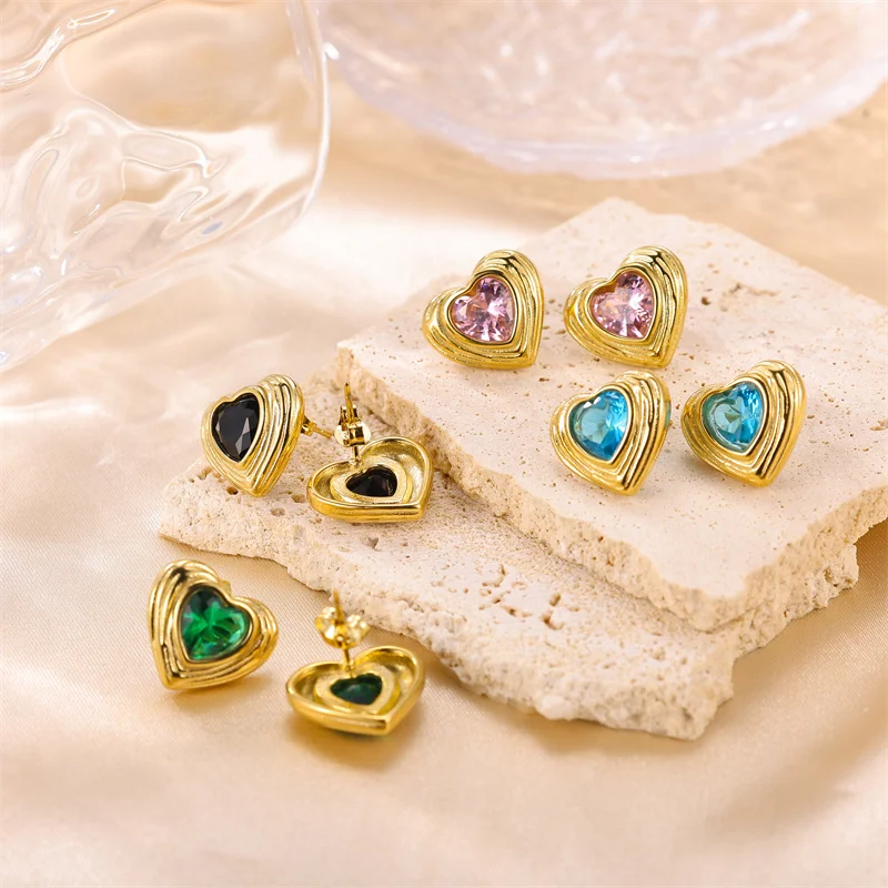 Letdiffery Vintage Gold Tone Heart Earrings with Zircon for Women Stainless Steel Colorful Love Heart Studs Jewelry Gift for Her