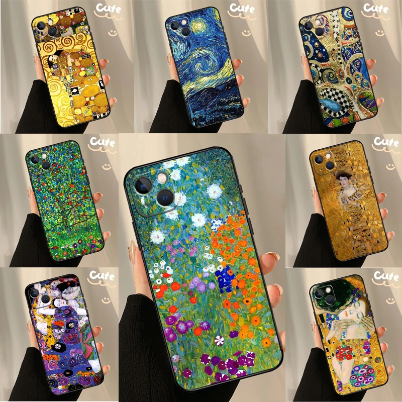 Starry Night Klimt Kiss Case For iPhone 13 12 11 14 15 16 Pro Max XR XS X Plus  12 13 Mini Bumper Cover Capa