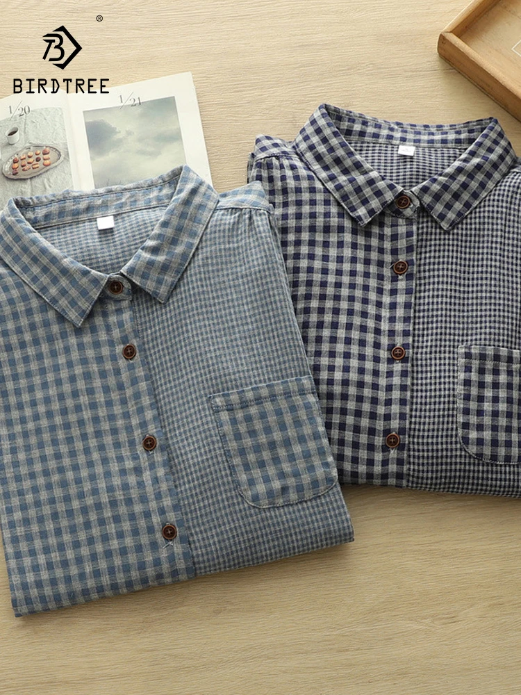 

New 2026 Spring Women Cotton Yarn Long Sleeve Shirt, Lapel Plaid Patchwork, Mori Girl Retro Commute Thin Loose Blouse T63694CC