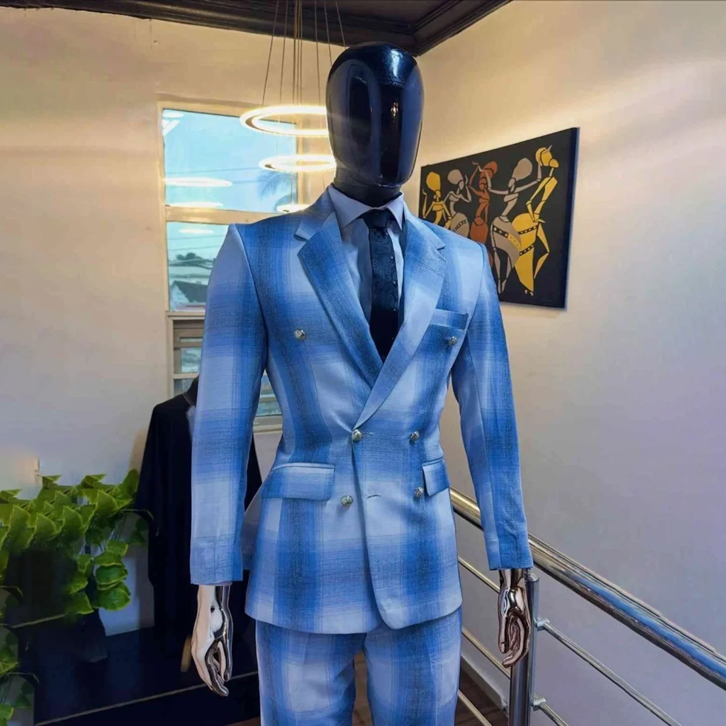 Casual Blue Gradient Men's Suits Business Regular Fit Double Breasted Jacket Pant for Wedding Groom Suits Male Customized