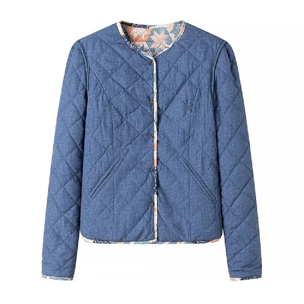 2024 Autumn Winter Blue Geometric Print Reversible Quilted Coat Women Covered Button Quilting Full Sleeve Warm Bomber Jacket