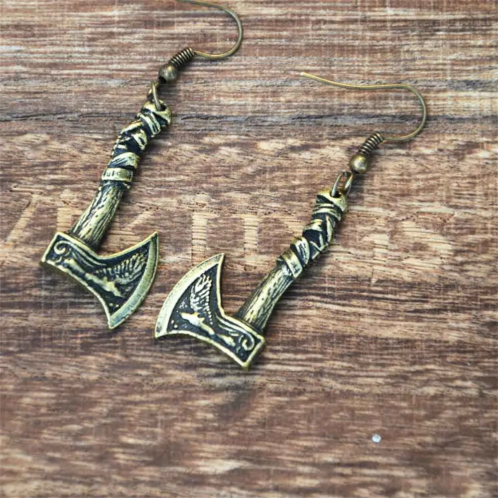 Odin Raven Slavic Perun Axe Earrings Vintage Mens Womens Viking Jewelry