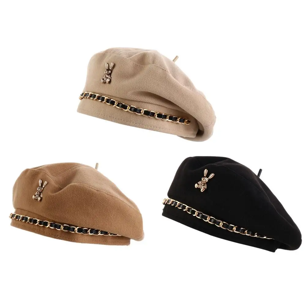 

Girl Beanie Hat Metal Chain Polyester Rabbit Pattern Korean Style Hat Winter Autumn Beret Women Beret Fashion Painter Hat