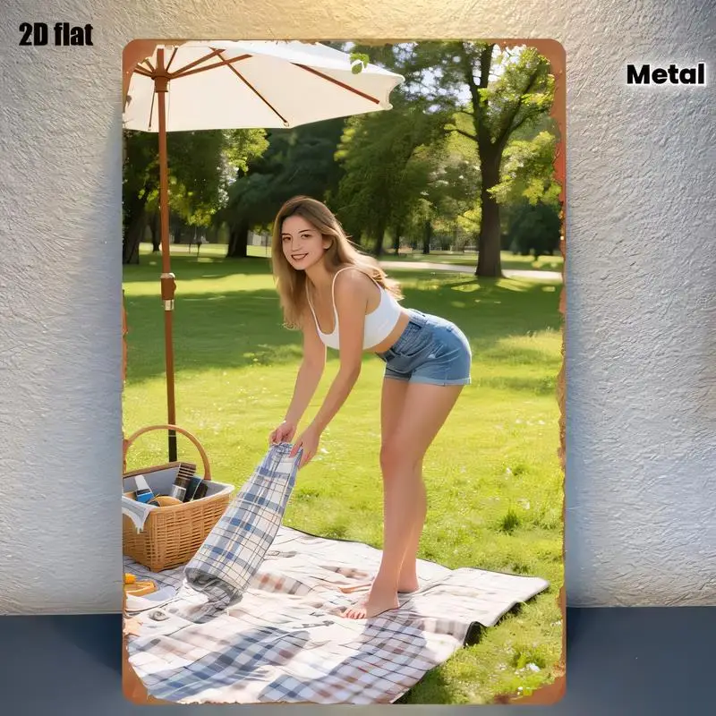 2D Flat Vintage Metal Tin Sign - Retro Picnic Scene (Girl, Umbrella, Basket) Wall Art, Iron, Home/Outdoor Decor, Spring Summer P