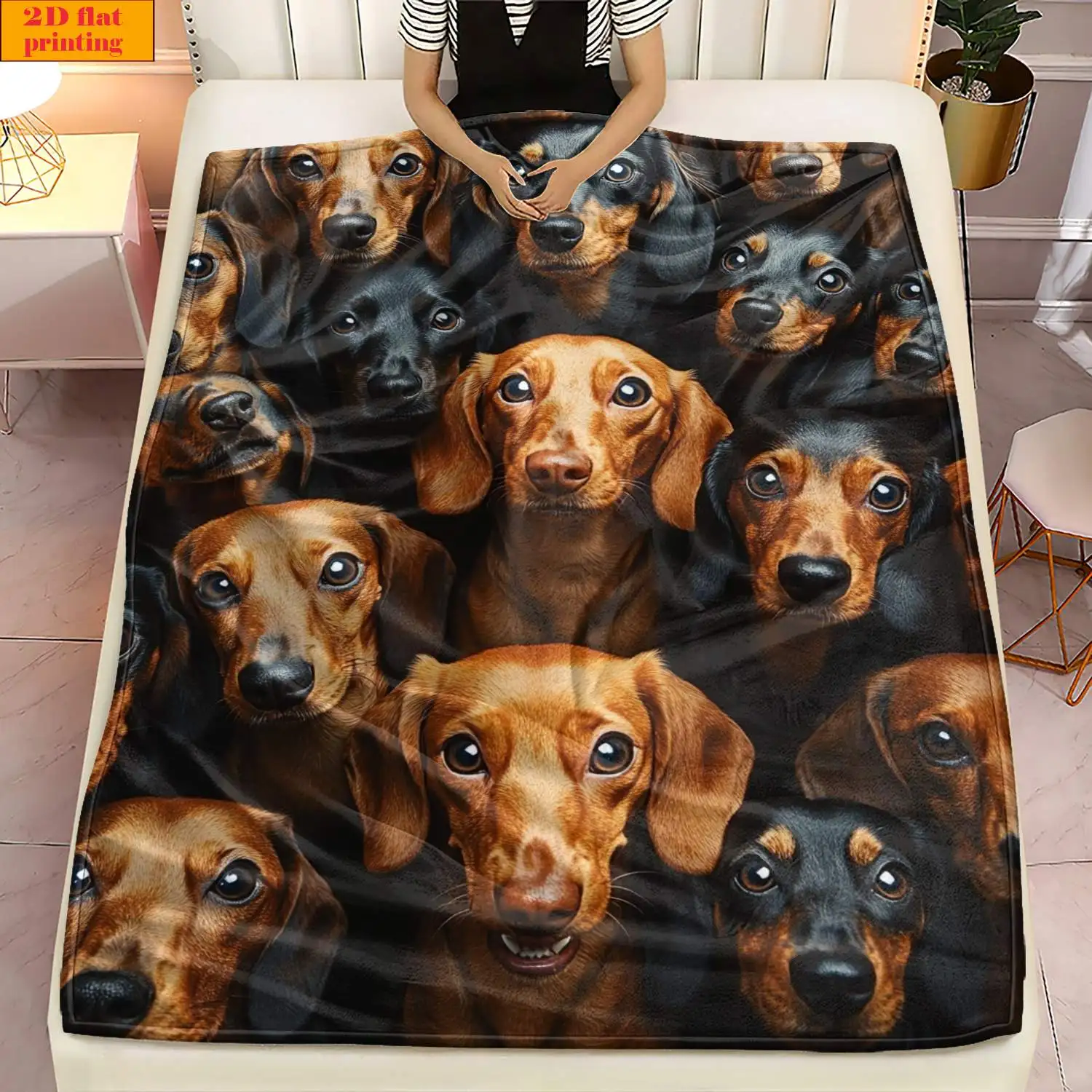 Solid Dark Back Multi Expressions Dachshund Portrait Realistic Fleece Blanket Cozy Light Throw For Bed Travel Dorm Pet Decor