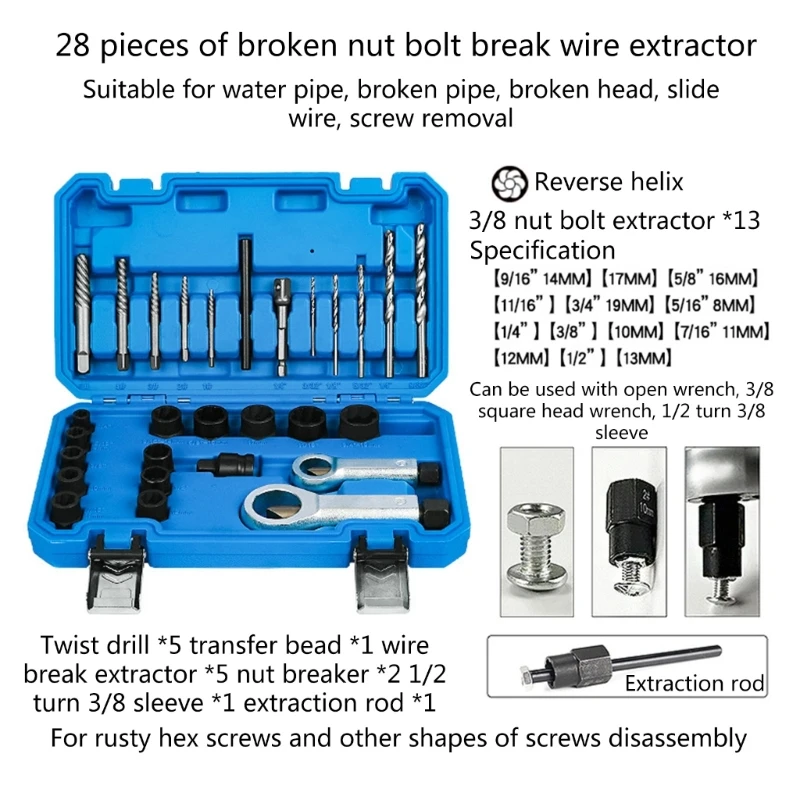 28 ชิ้น Impact Damaged Nut Screw Remover Extractor Socket ชุดเครื่องมือกำจัดชุด Nut สกรูกำจัดซ็อกเก็ตประแจ