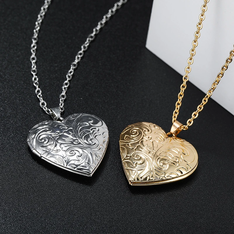 New Nordic Style Oval Carved Flower Stripe Locket Pendant Necklace Women Romantic Vintage 2 Colors Openable Photo Locket Jewelry