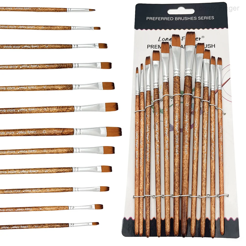Flat Paint Brushes Set, 12pcs Nylon Professional Flat Paint Brushes for Watercolor, Oil Painting, Acrylic, Face Body Nail Art, C