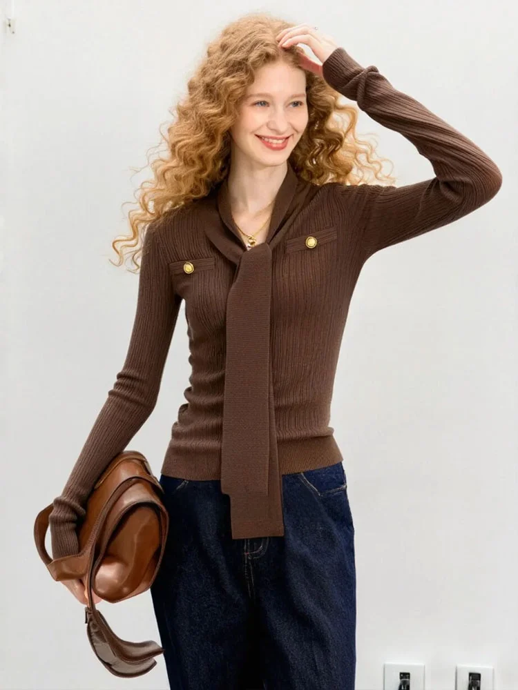 

Вязаный свитер ZhuoZhi однотонного цвета с V-образным вырезом, облегающий, с длинными рукавами, в французском стиле, мягкий трикотаж для женщин