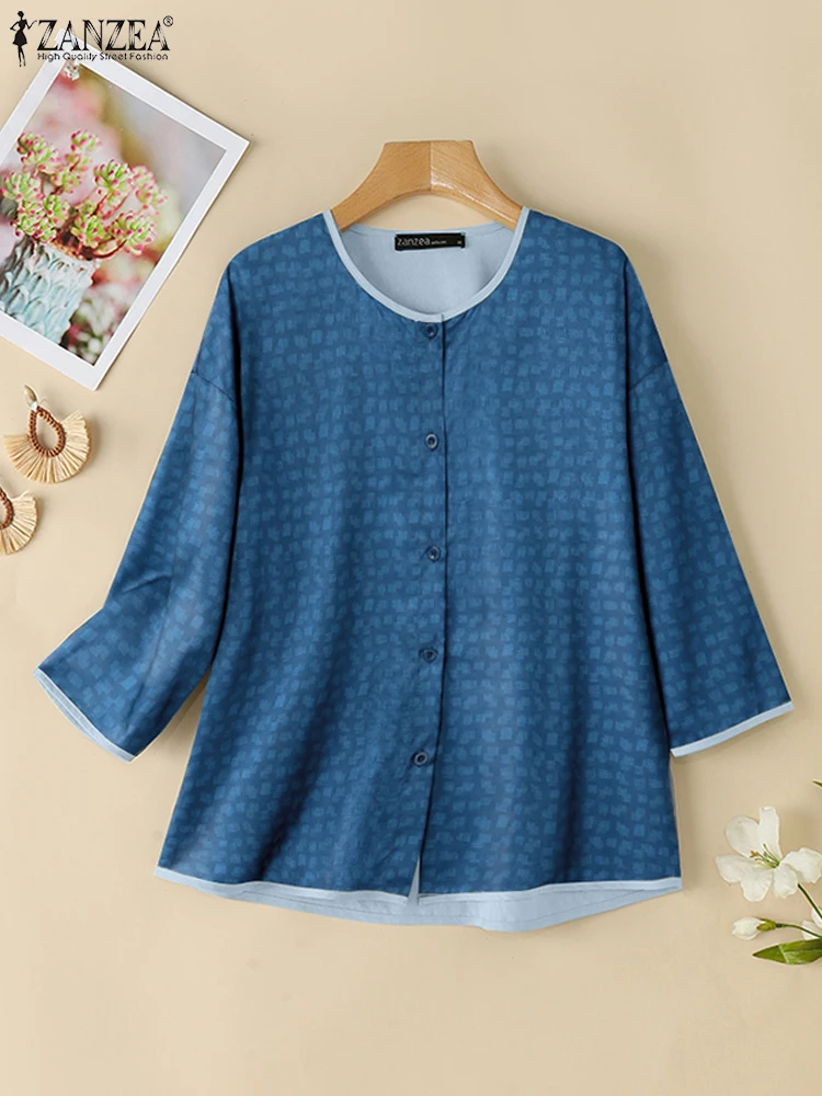 Fashion Korean Office Tops ZANZEA Women Causal Round Neck Shirts Bohemian Printed Blouse 2024 Autumn 3/4 Sleeve O-neck Tunics