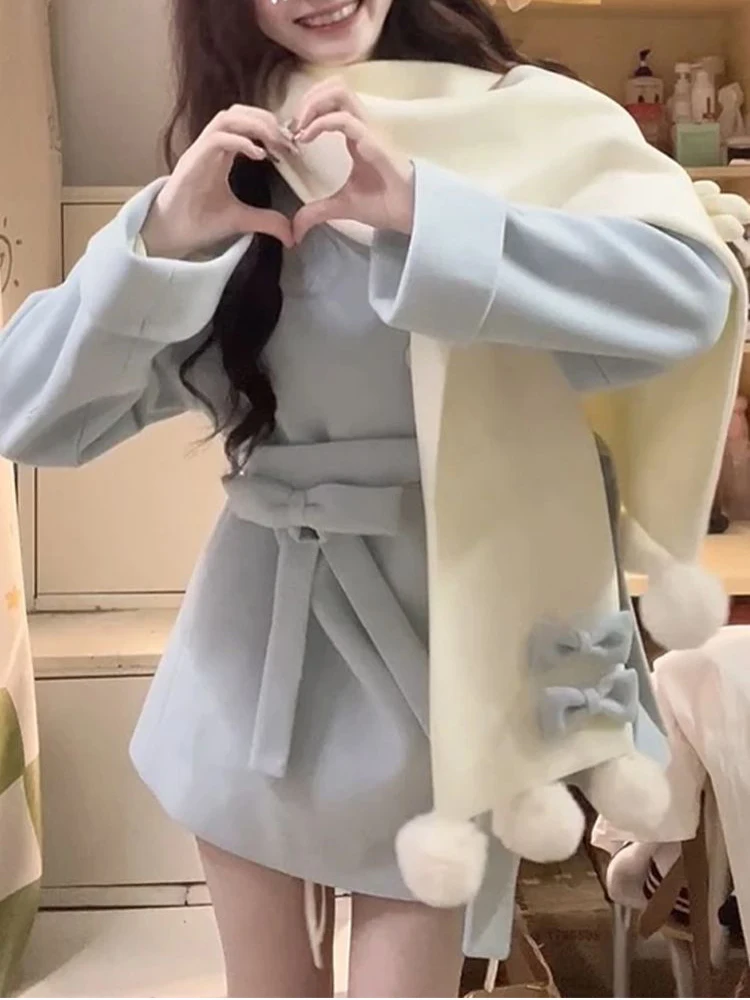 Jesienno-zimowy płaszcz wełniany w stylu japońskim preppy damski Kawaii kokarda kreskówkowy miś szalik luźne długie kurtki słodkie Y2K Lolita odzież wierzchnia