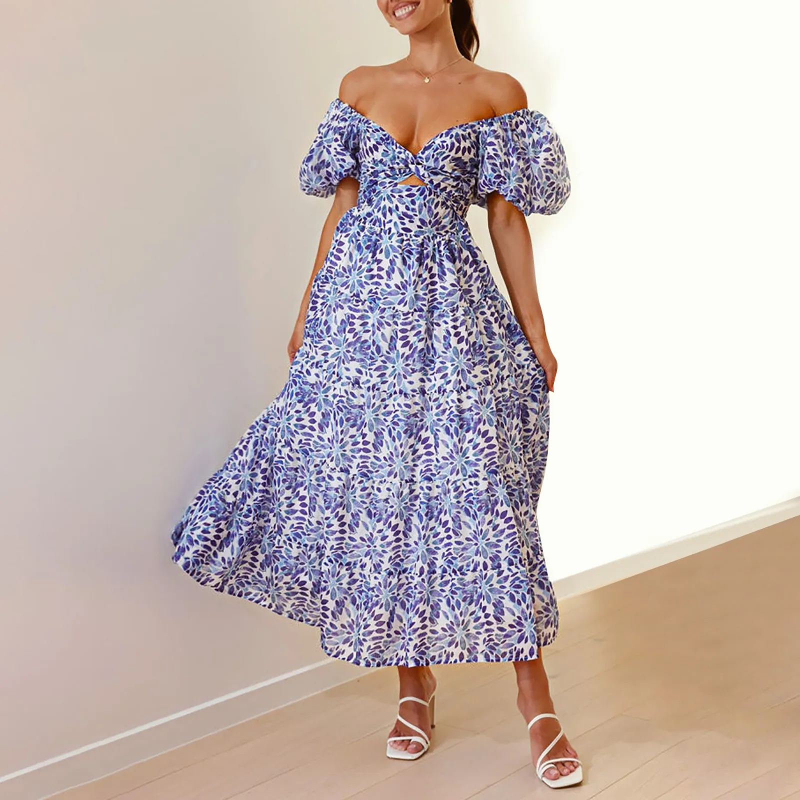 

Holiday Vintage Maxi Long Beach Dress for Women 2024 Summer Autumn Female Slim-fit Printed Hollow Puff Sleeve Dress Elegant