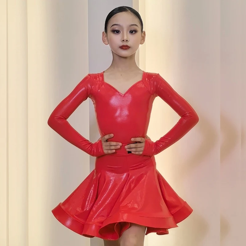 6 Colors Bright Leather Latin Dance Professional Dresses Girls Ballroom Dance Competition Clothes Stage Performance Wear SL9720