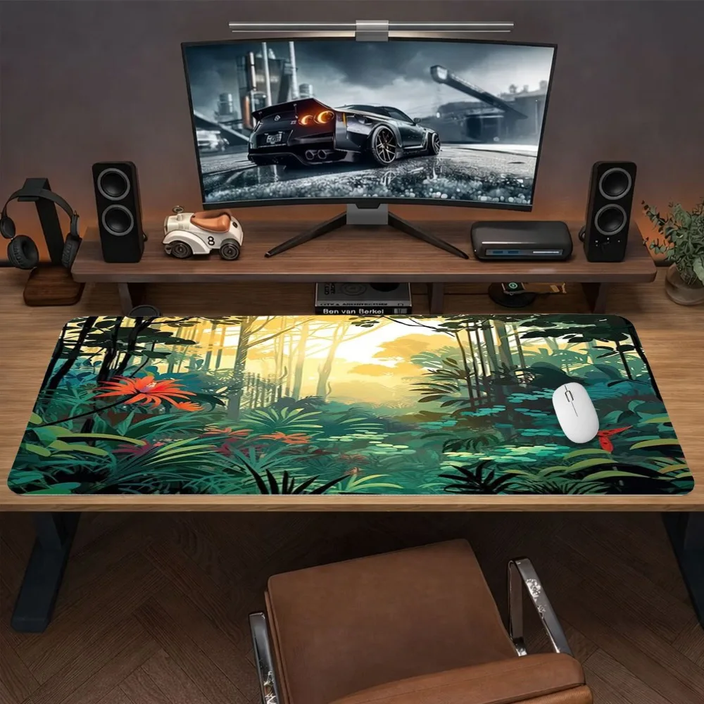 Tapis de souris XXL et accessoires de bureau pour clavier mécanique, motif Art Jungle Tropicale Vibrante, Décoration de bureau tendance
