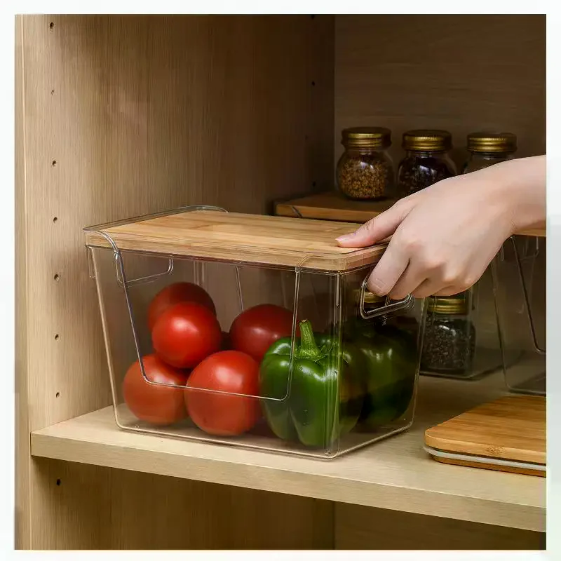 Pantry Organizers With Wooden Lids Kitchen Storage Clear Bins Under Sink Organizer For Onion Potato Fruit Vegetables Stackable