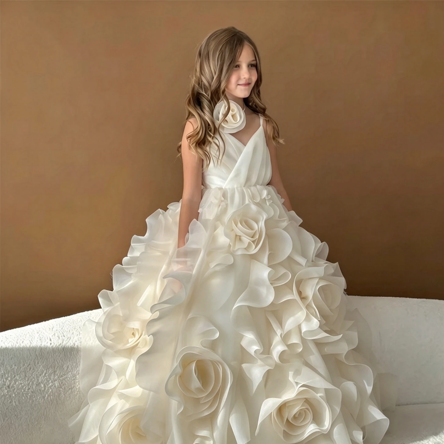 Customized Flower Girl Dress For Wedding 3D Tiered Flower Sleeveless Floor Length Elegant Kids Birthday First Communion Gown