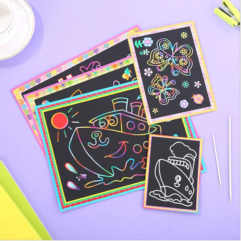 20pcs Scratch Paper Art Magic Painting Card Black Scratch It Off Paper Crafts Notes With Wooden Stylus Stencils for Kid DIY Gift