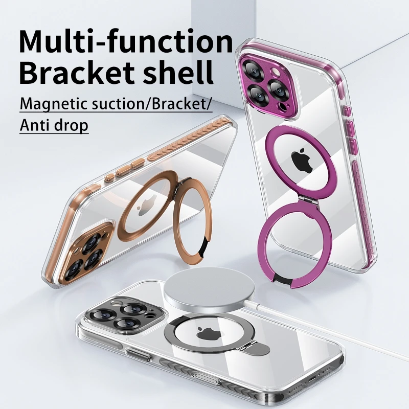 Luxury Bronze Gold Stand Holder phone case for iphone 16 15 14 13 12 pro max 15 16  plus Transparent pc Magsafe Magnetic Cover
