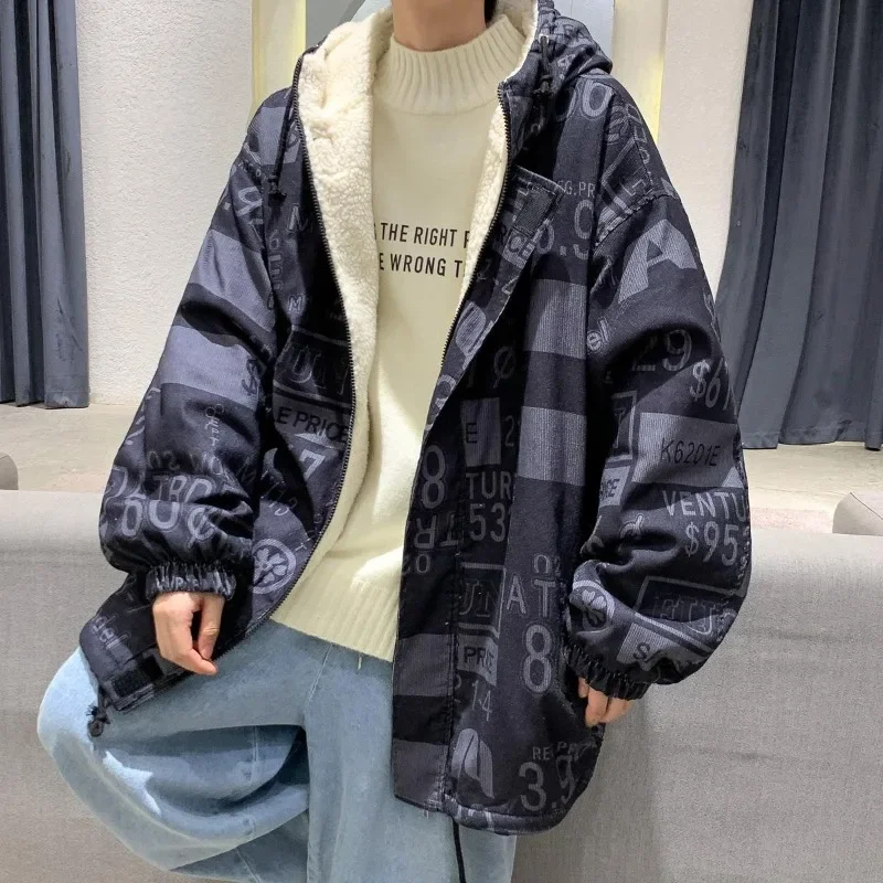 

​Heavy Duty Winter Cotton Coat for Boys Warm Lamb Fur Hooded Jacket with Fleece Student Style Printed Pattern Winter Wear​