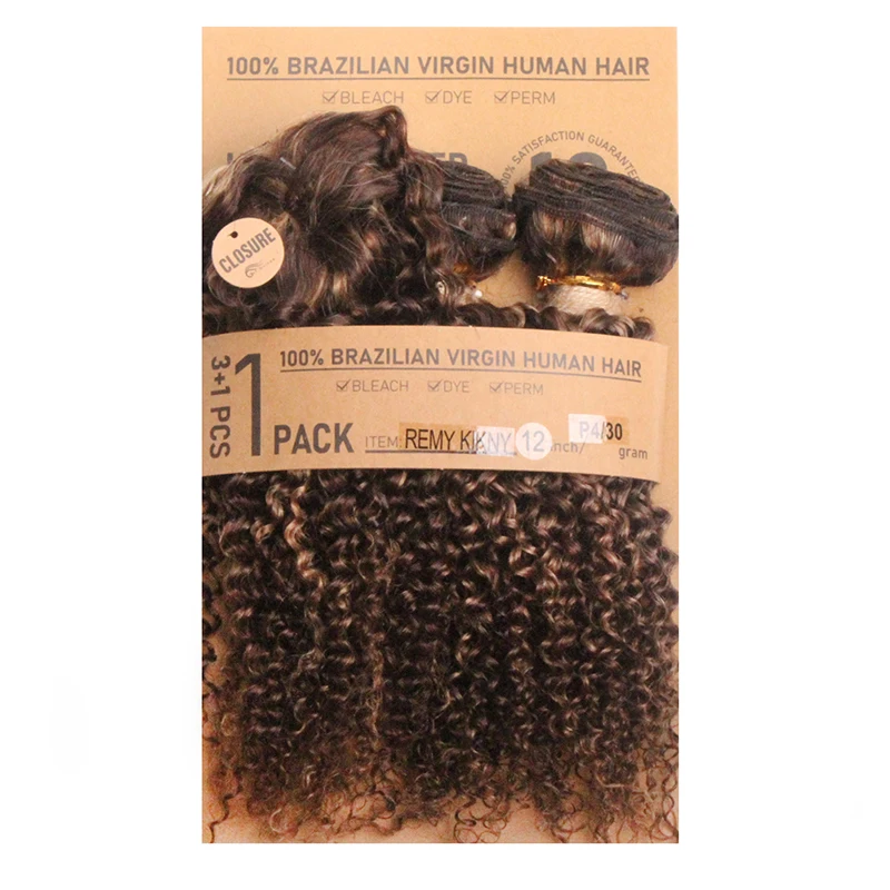 Fasci di capelli umani ricci Ombre con chiusura Tessuto brasiliano per capelli 3 pacchi Offerte Fasci di capelli ricci crespi con chiusura per le donne