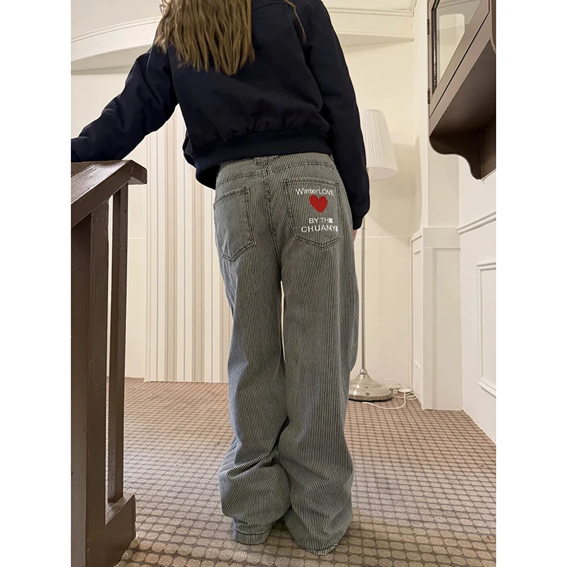 

YIBASHU Women Baggy Stripe Jeans Harajuku Vintage Y2k Denim Trousers Japanese 2000s Style Grunge Embroidery Jeans Pants Clothes