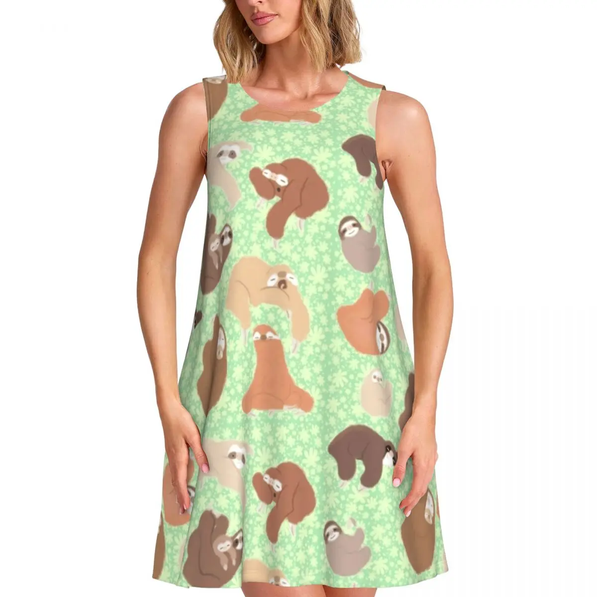 Many Sloths Casual Dress Cute Animal Print Aesthetic Dresses Sleeveless Trendy Dress Hot Crew Neck Ladies Print Vestido