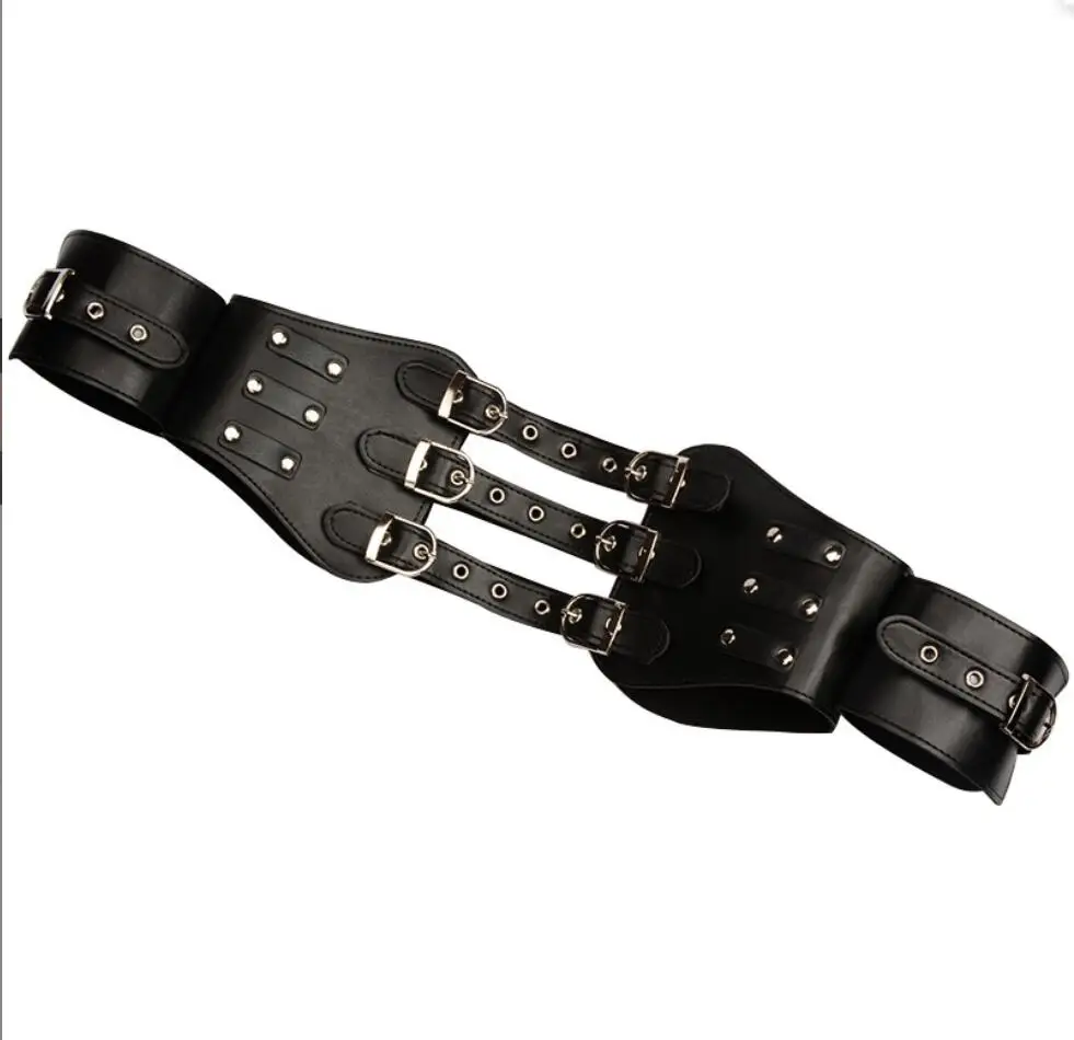 Leather Wrist Leg Thigh Cuffs Handcuffs Set Fantasy BDSM Restraint Locking Hands to Thighs Body Harness Straps S3156