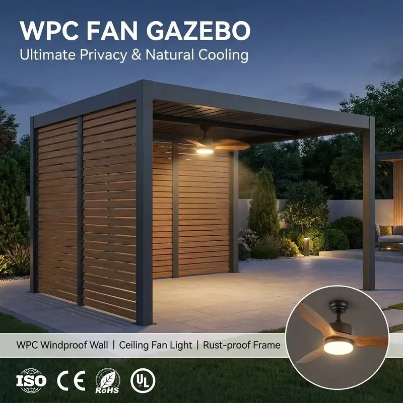 Heavy Duty Aluminum Gazebo Wooden Texture WPC Windproof Wall Ceiling Fan Light Balcony Backyard Garden Pavilion