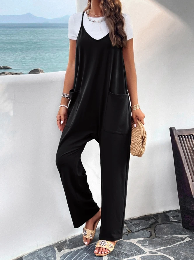 

Temperament Casual Solid Color Suspender Slim Fit Large Pocket Design Loose Black Summer Casual Fashion Women's Jumpsuit