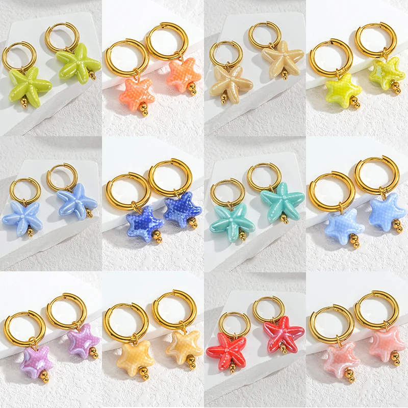 Letdiffery Fashion Colorful Ceramic Star Stud Earring for Women Stainless Steel Cute Starfish Colored Charm Drop Earring Jewelry