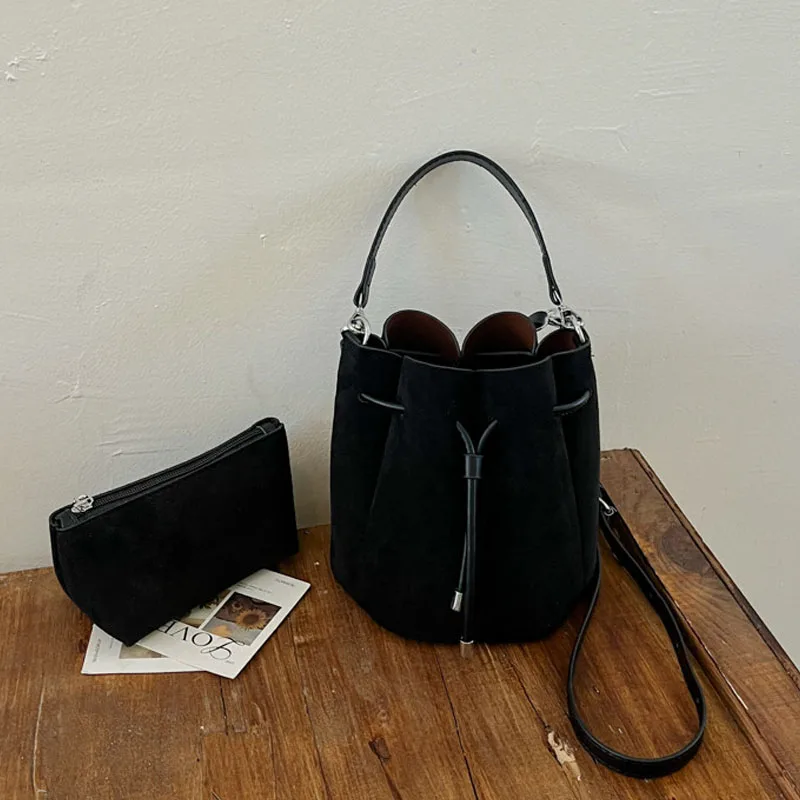 Faux Suede Flower Petal Bucket Bag for Women New Autumn Vintage Maillard Party Handbags Commuter Shoulder Crossbody Bags view 4