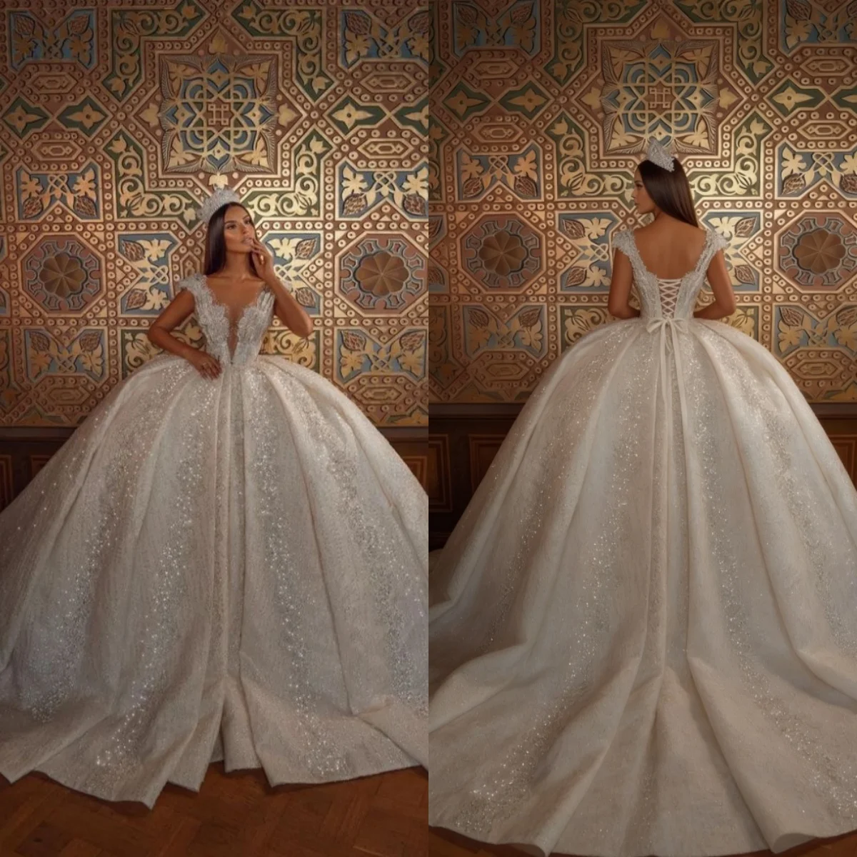 

Custom Luxury Deep V Lace Up Sparkly Sequin Ball Gown Wedding Dress 2026 Cathedral Train Bridal Gown Plus Size Vestido De Novia