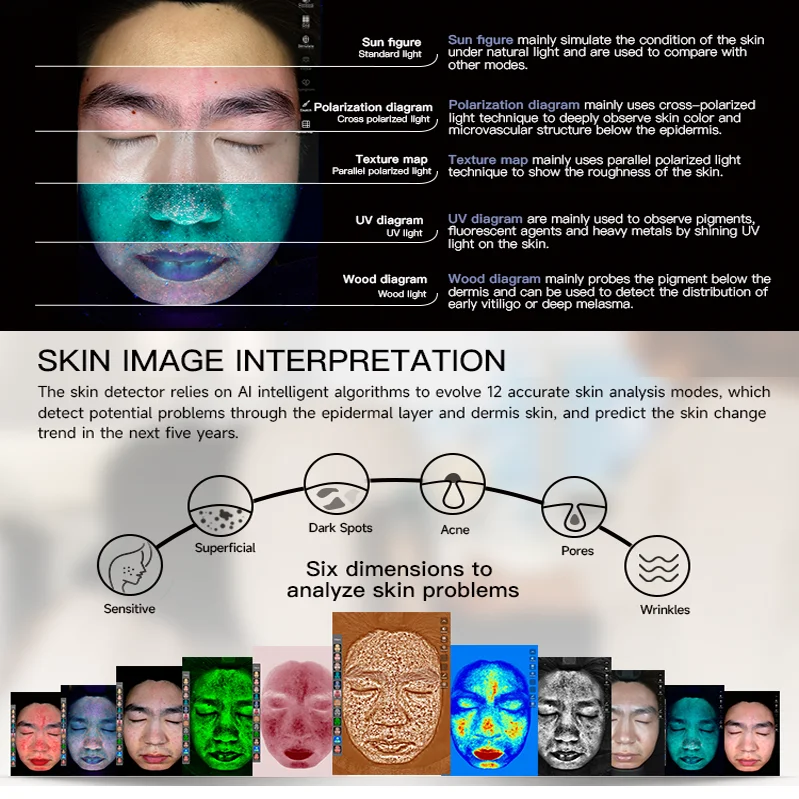 2024 detecção de umidade máquina analisadora de pele 3d análise de pele facial analizador de pele scanner facial analisador de pele