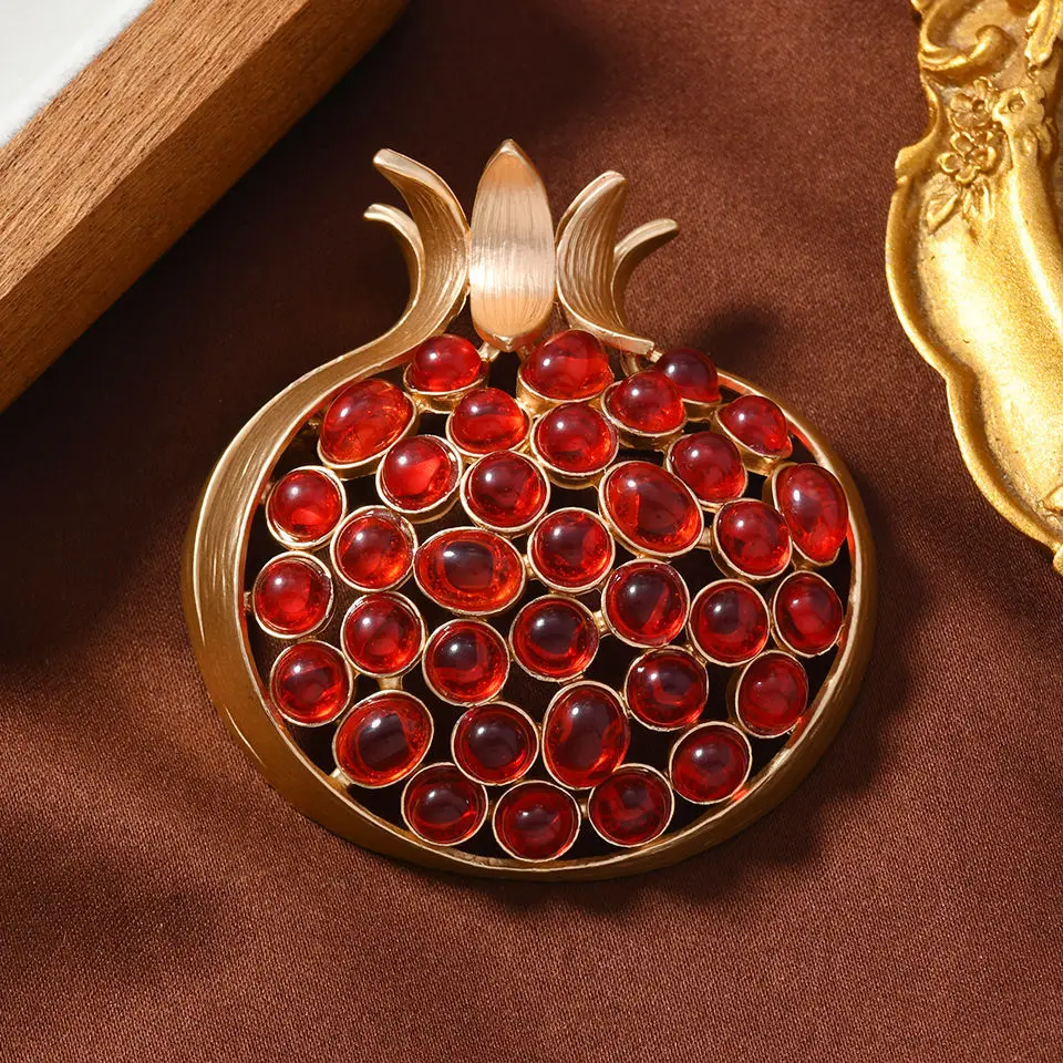 Vintage Matte Gold Hollow Red Pomegranate Brooch For Women Gemstone Fruit Lapel Pin Blazer Suit Corsage Dual Use Jewelry Gift