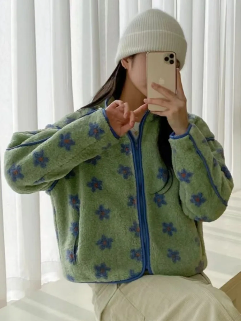 세련된 빈티지 겨울 따뜻한 플로럴 프린트 퍼리 지퍼 코튼 재킷 롱 슬리브 루즈 아우터웨어 20대 여성용