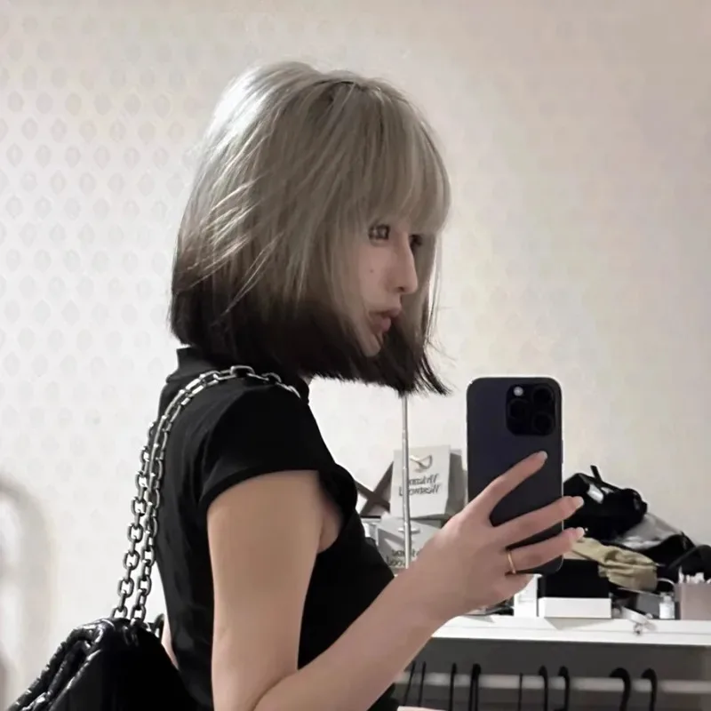 Zz04zz12wig corto negro y blanco subcultura degradado dorado conjunto de cabeza completa para mujer color claro hasta los hombros cabello y2k neu