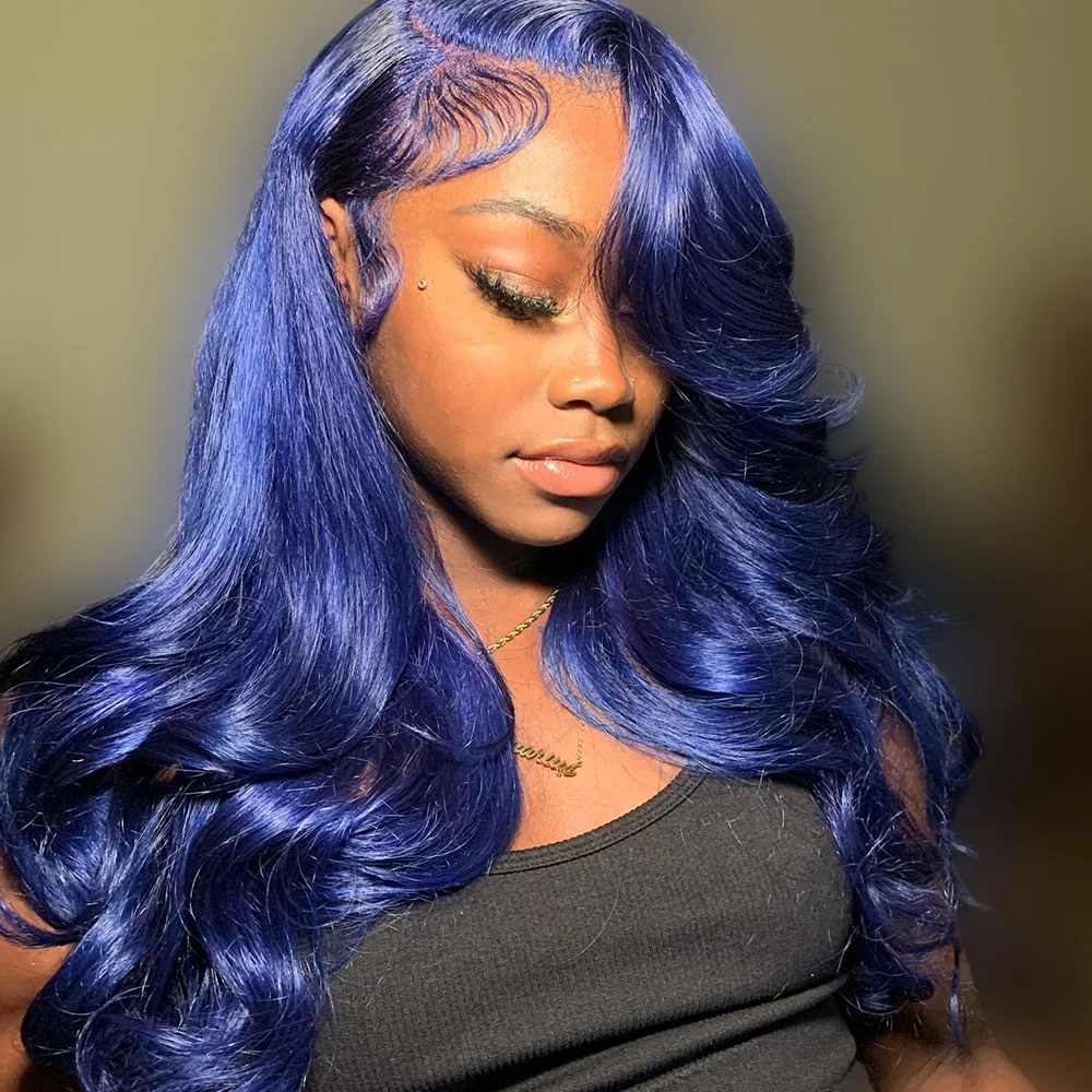 

13x6 Dark Blue Transparent Lace Front Human Hair Wig Brazilian Body Wave Colored 5x5 Lace Closure Human Hair Wig For Women