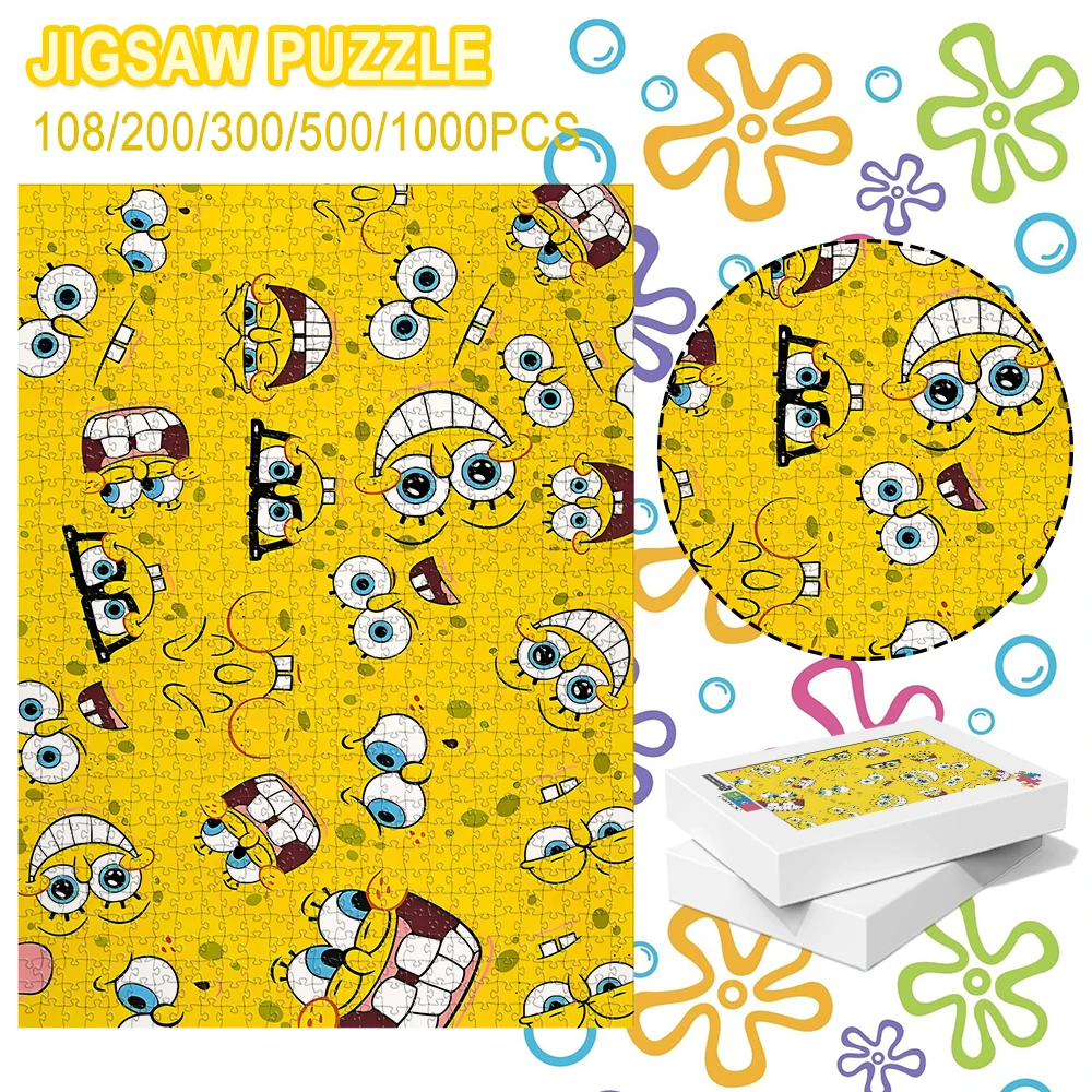 Juego de rompecabezas de suelo de madera con cara amarilla de Bob Esponja, juguete rompecabezas de 108/200/300/500/1000 piezas