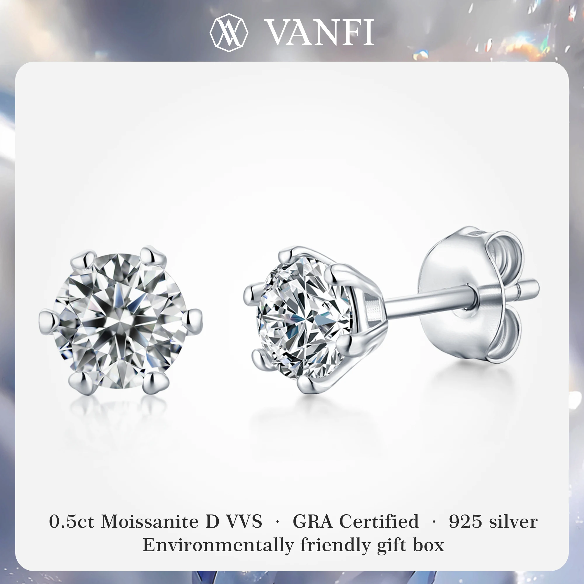 

Kfvanfi 0.5ct moissanite certified s925 sterling silver women's earrings men's earrings universal 18k white gold plated jewelry