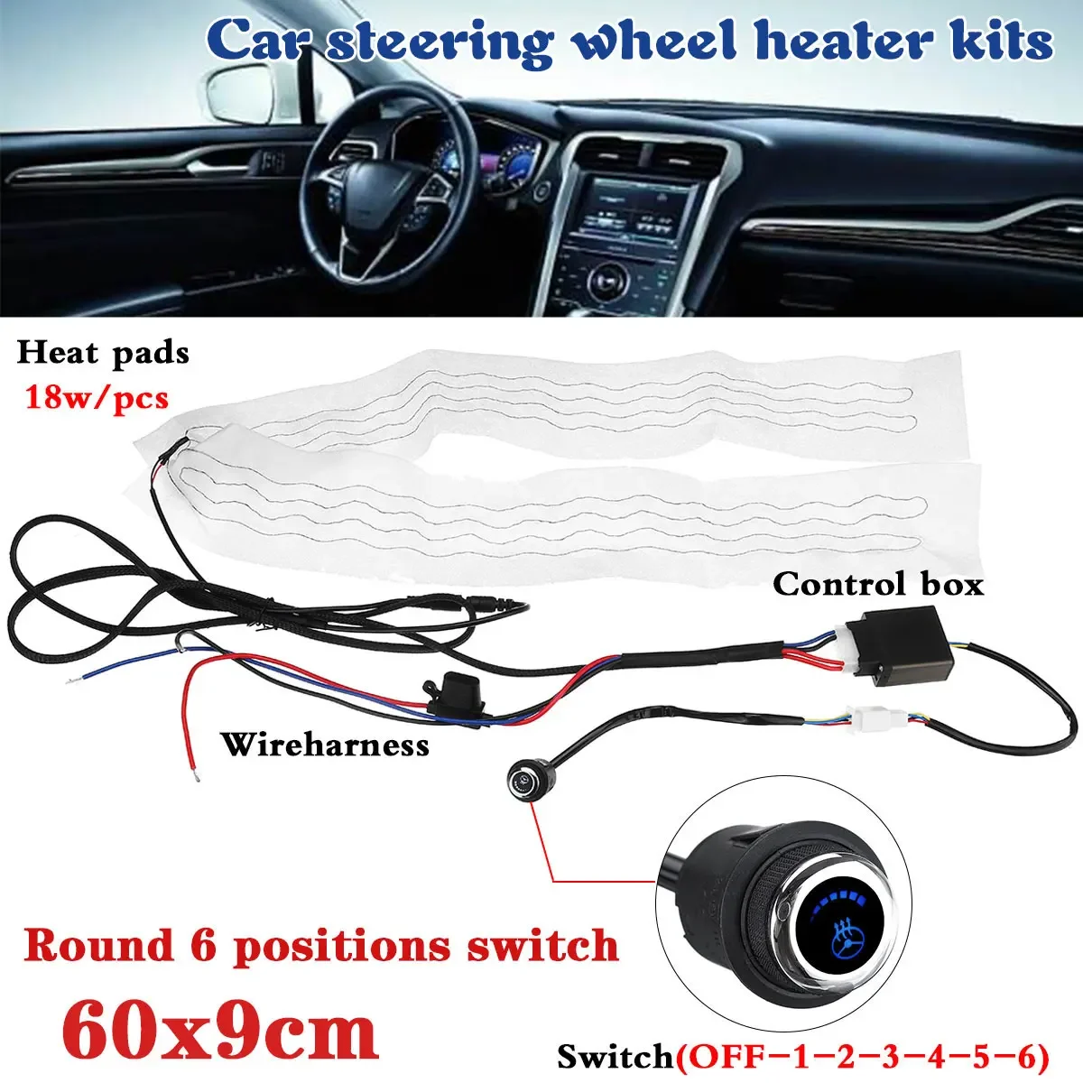 Car Steering Wheel Heating Kit Carbon Fiber Heated Pad with 6 Gear LED Switch Steering Wheel Protector Universal For Winter Car