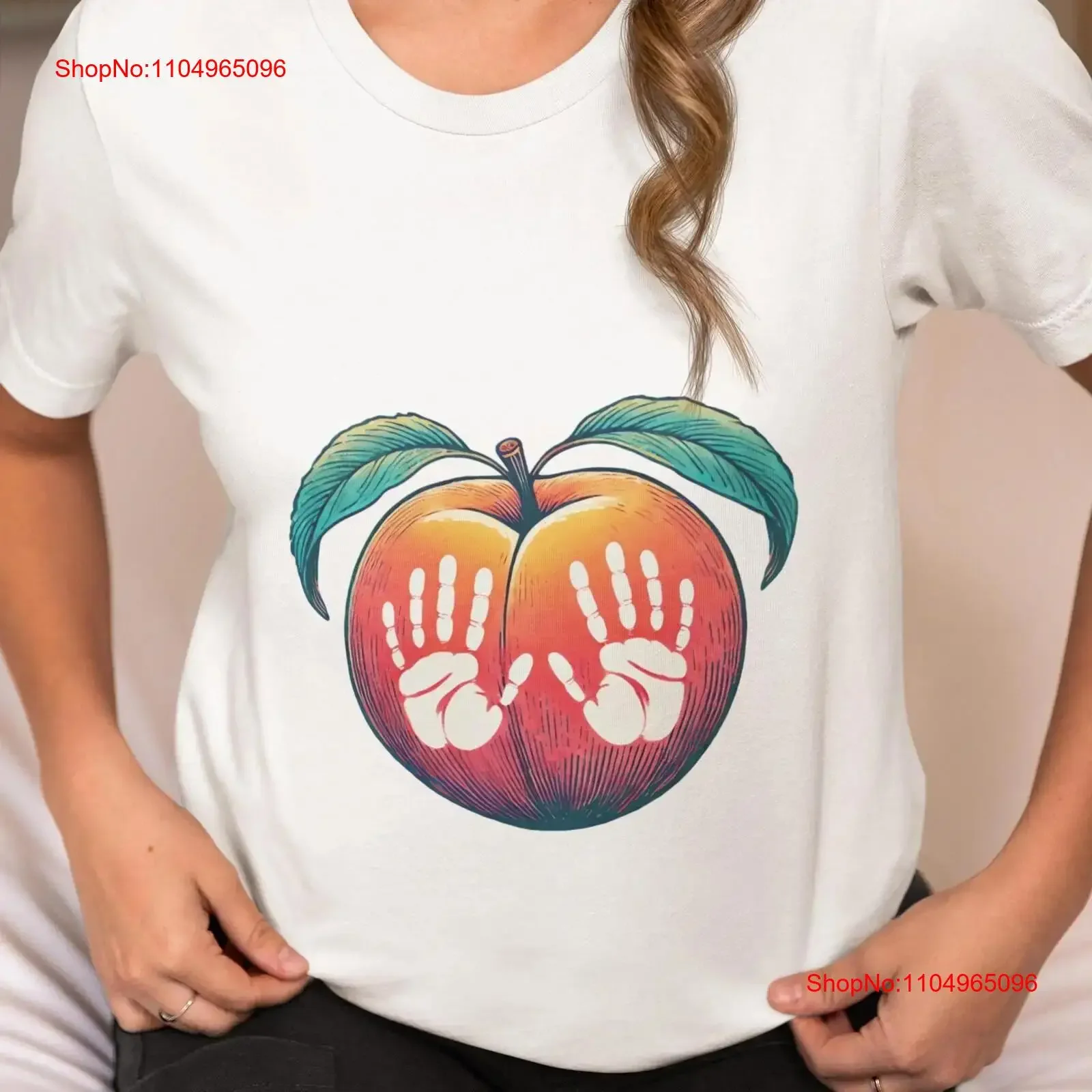 

Unique Peach Art T Shirt with Handprints Vibrant Novelty Design Artistic Fruit Lover Top Idea vintage Washed homme Stretched