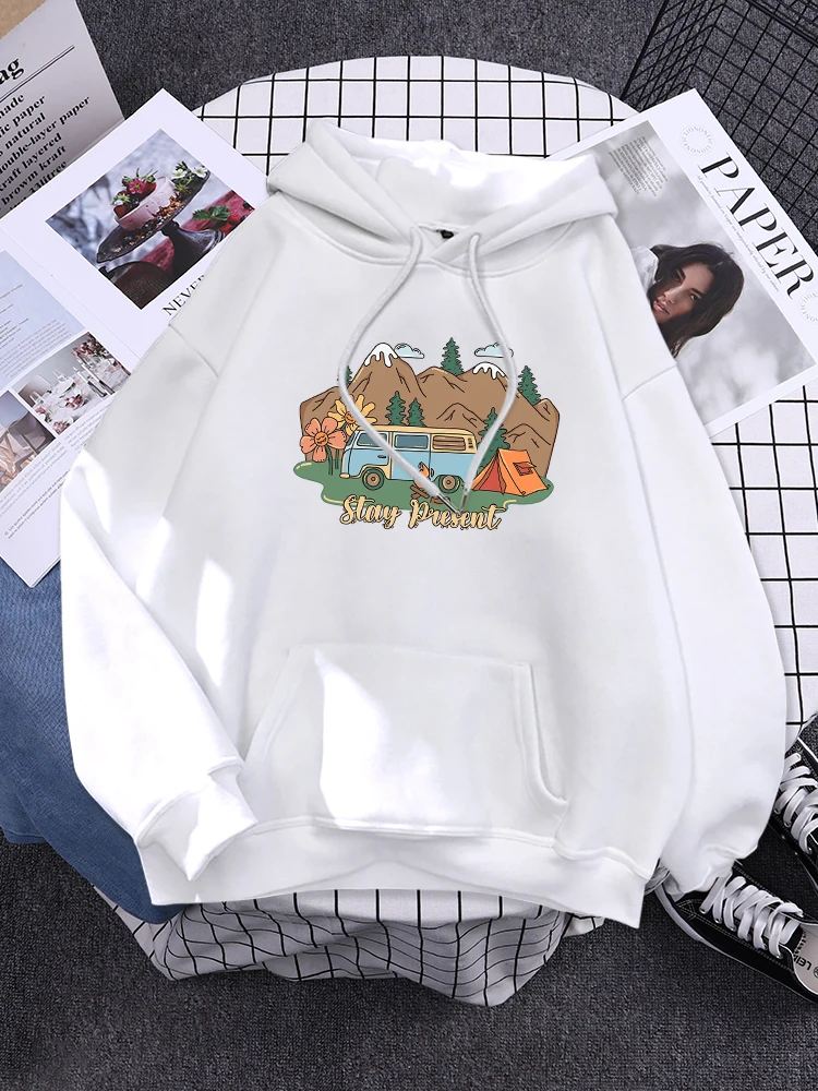 Take A Bus To Go Camping Around The Mountain Area  Hoodies Womens Crewneck Pullover Cartoons Hip Hop Sweatshirt Casual Hoody