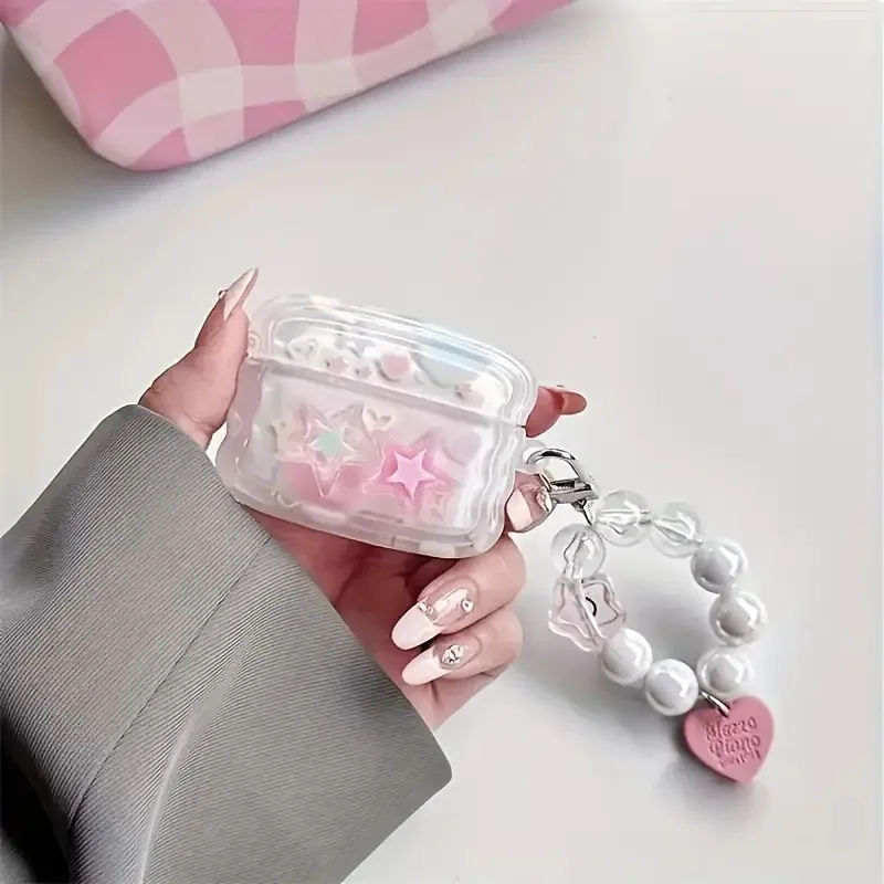 Cute 3D Pink Star Wavy Border Headphones Case for AirPods 1 2 3 with Love Heart Pendant Soft Cover for AirPods Pro Pro2 Pro3