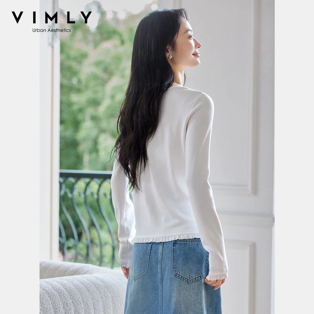VIMLY Women's Long Sleeve T-shirts Casual Ruffle Splicing Hem Crew Neck Tops Autumn 2025 Knitted Female Tees Ladies Tops A2365