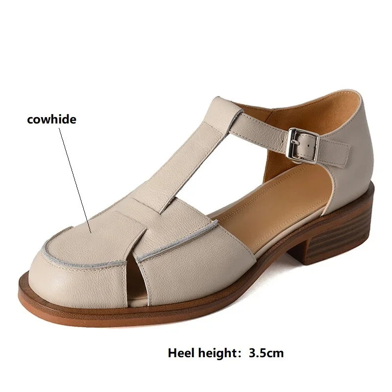 2023 Summer Sandals Cowhide Round Toe Women Sandals Chunky Heel Women Shoes Cover Toe Shoes for Women Hollow Out Mary Jane Shoes