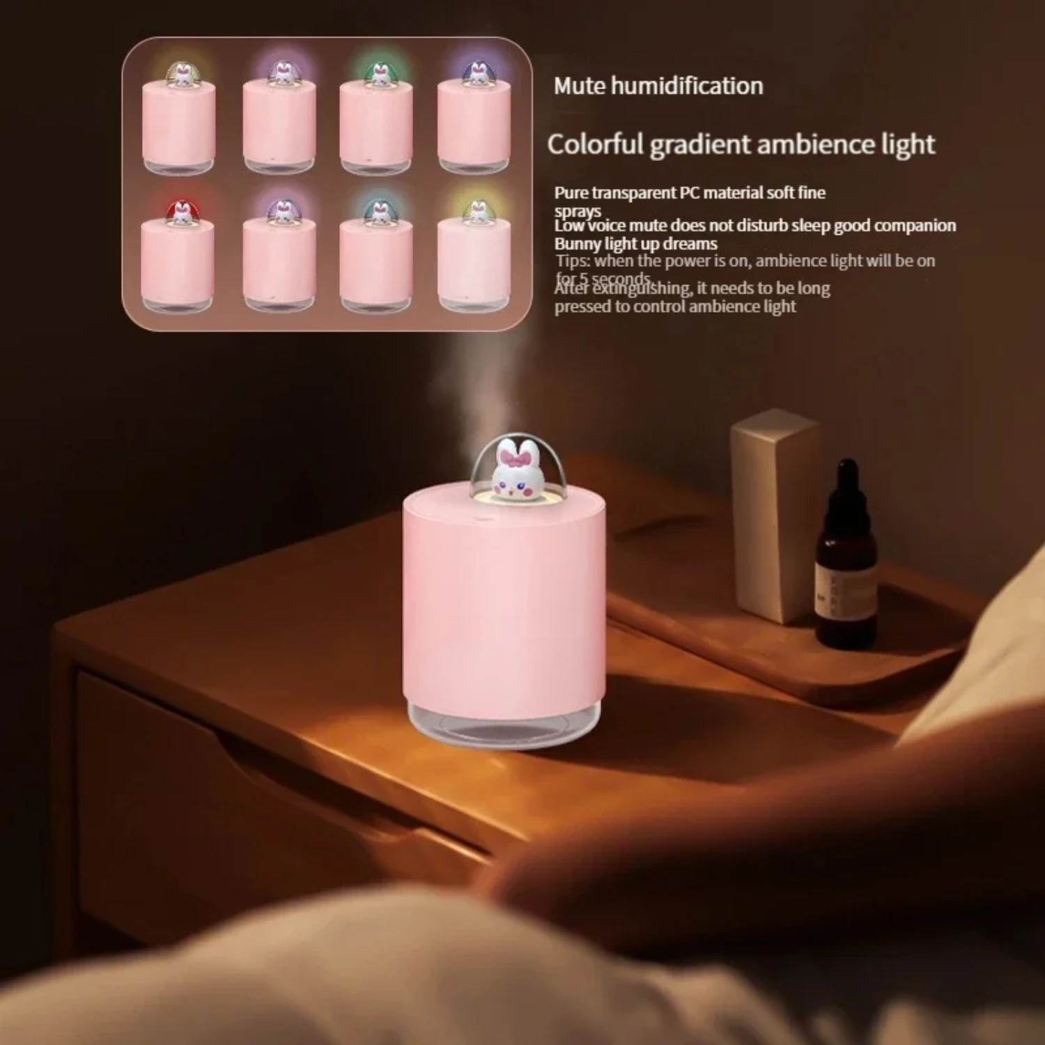 

Small Mini USB Rabbit Humidifier with Large Fog, Small Aromatic Diffuser, Silent Seven Color Light Portable for Home Office Car