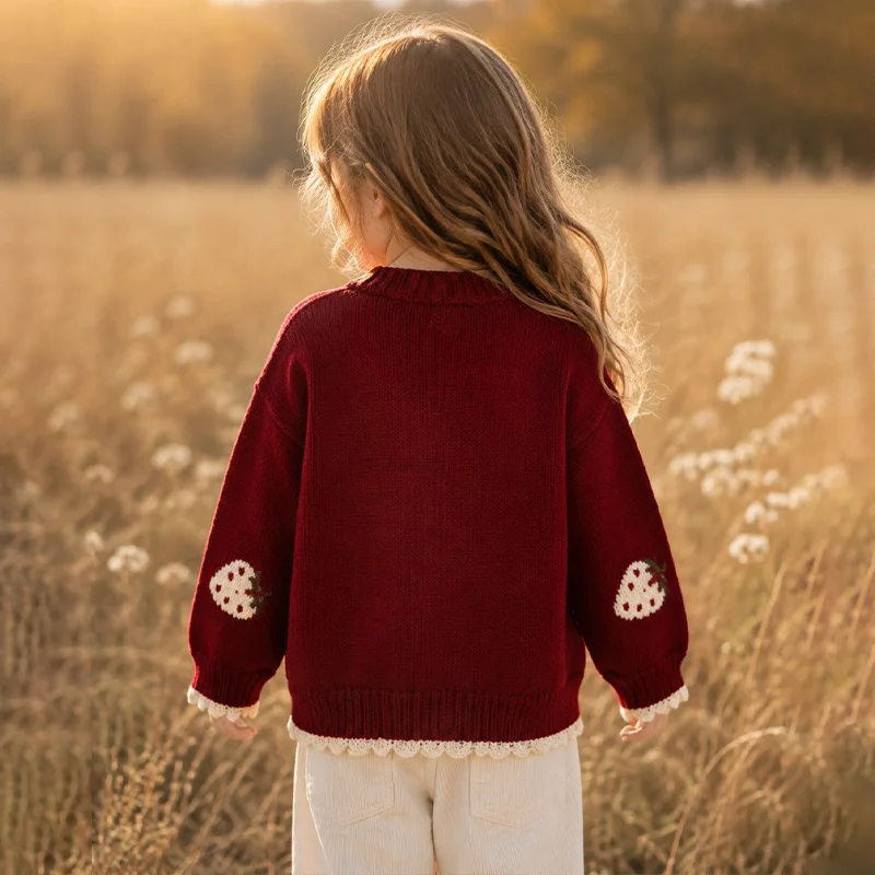 2-6 Years Girls Fashion Strawberry Knitted Sweater Autumn Winter Color Blocking Thicken Warm Pullover Kids Sweet Crew Neck Top